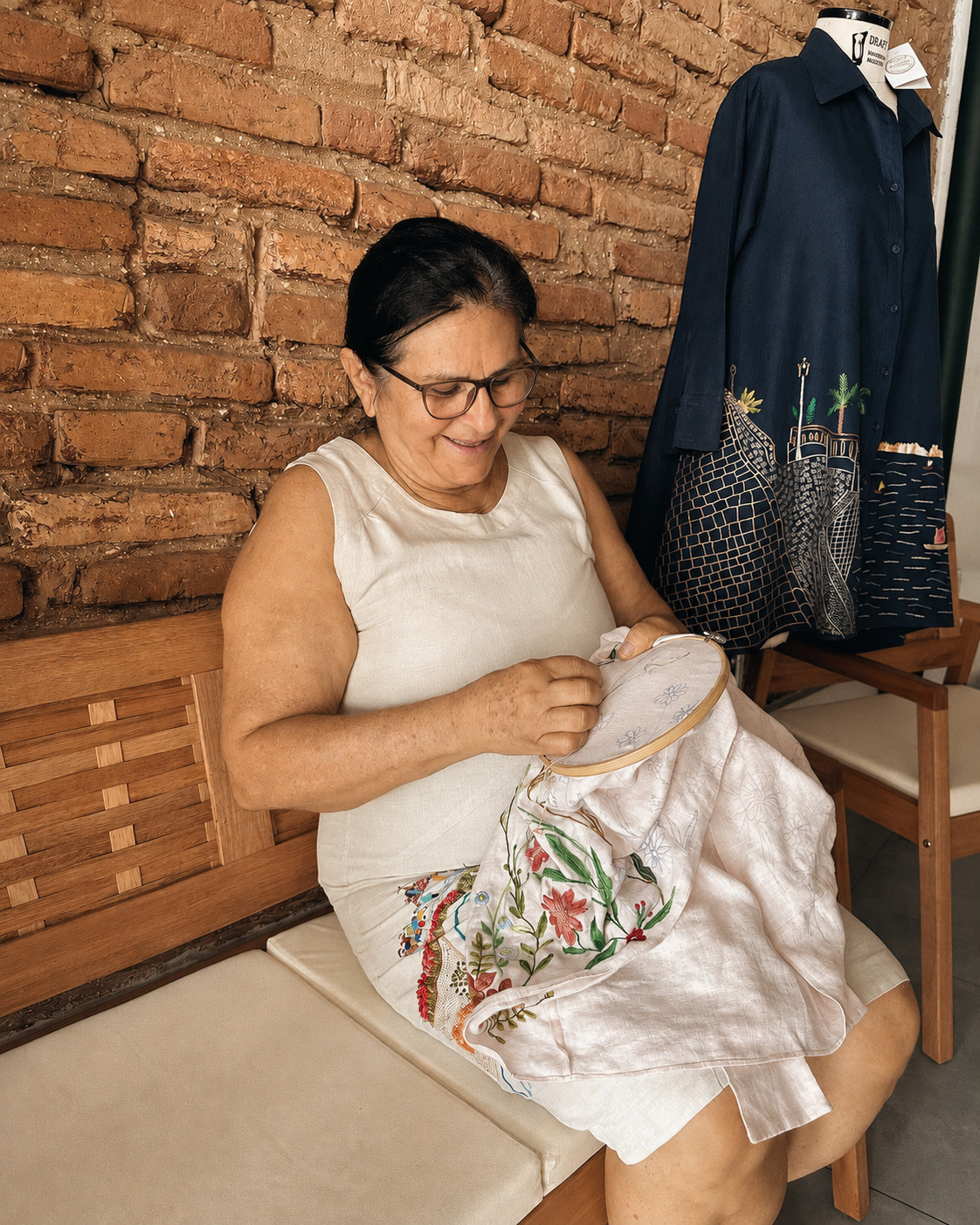 Bordadeira da Pontos e Contos trabalhando